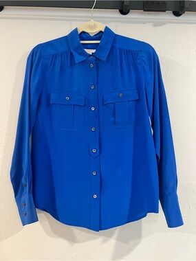 J. Crew Cobalt Blue Long-Sleeve Button-Down Silk Blouse with Flap Pockets